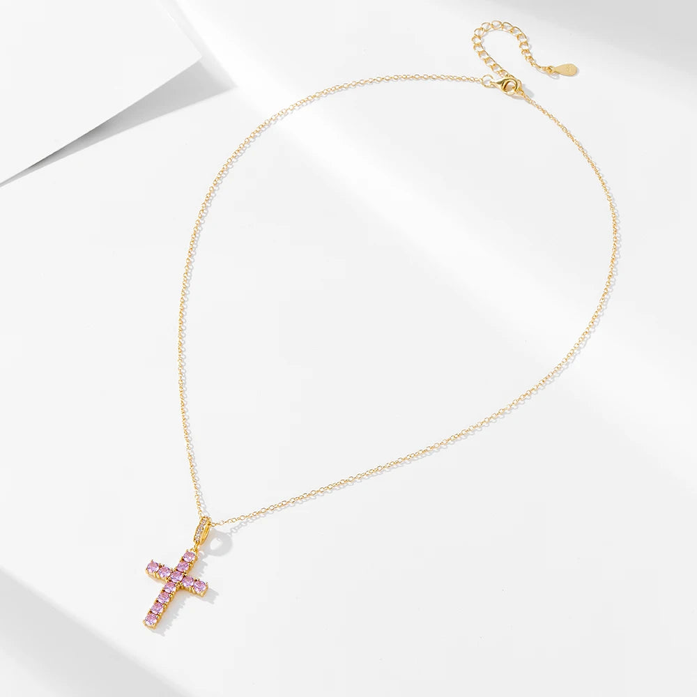 Luxury Pink Silver Cross Necklace