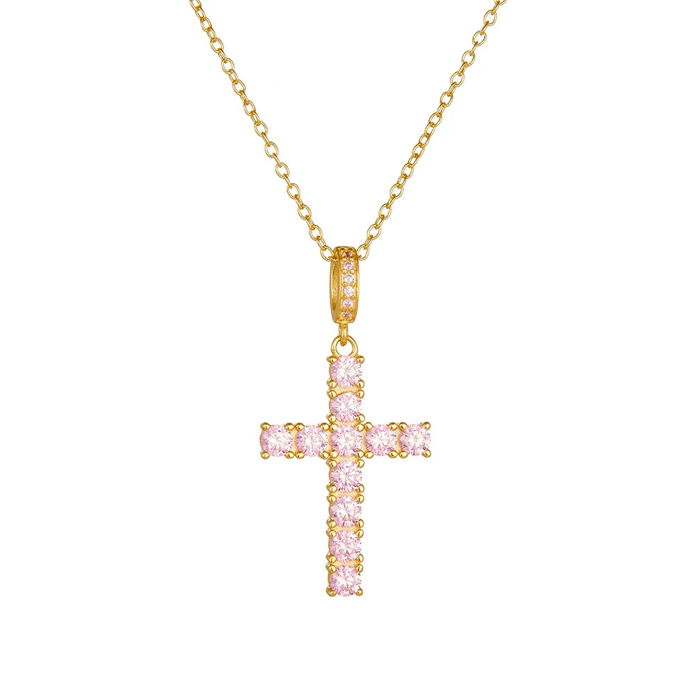 Luxury Pink Silver Cross Necklace