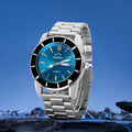 stainless steel band blue watch dial