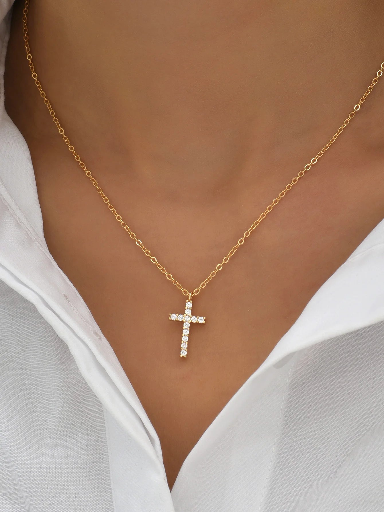 Fashion Gold Zircon Cross Necklace