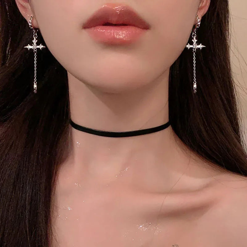 Korean Cross Arc Long Drop Earrings