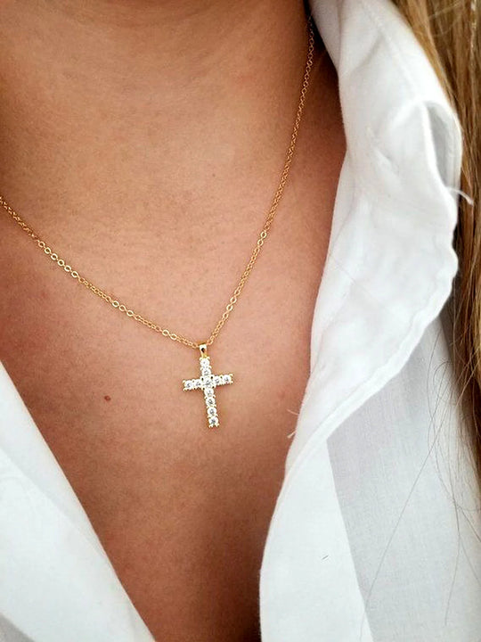 Fashion Gold Zircon Cross Necklace