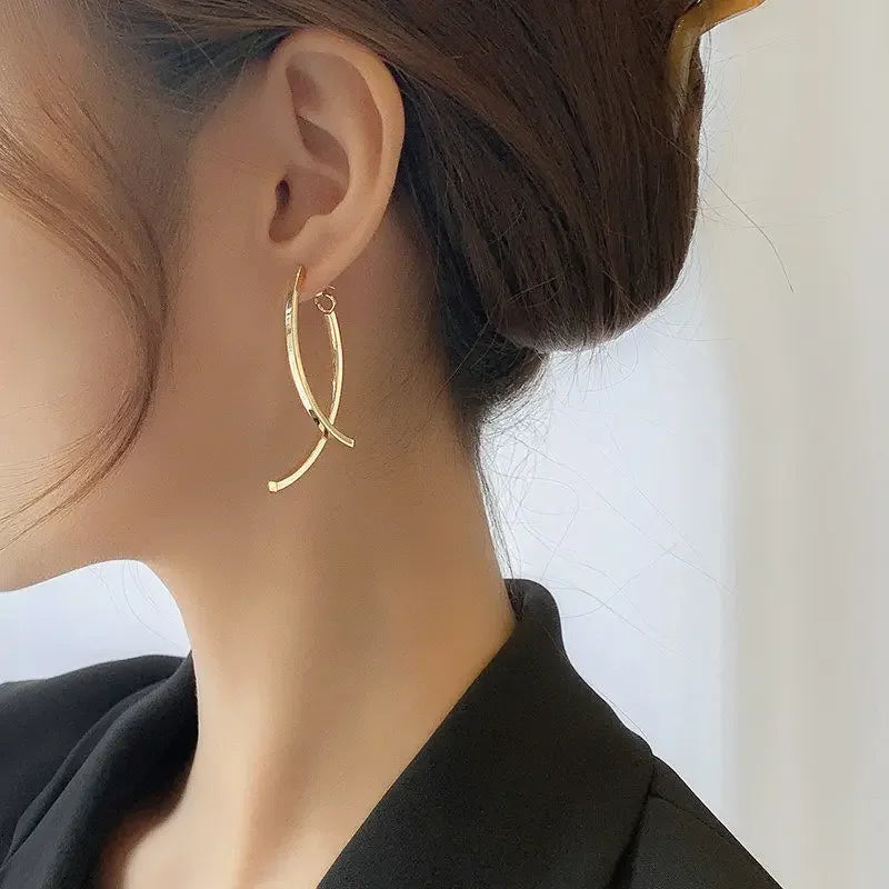 Korean Cross Arc Long Drop Earrings